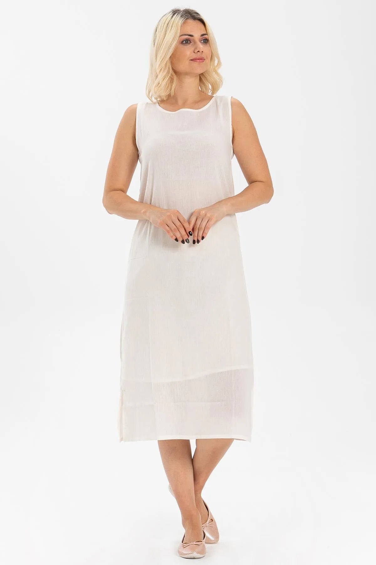 Cotton Slip Long Dress (White/Off White)