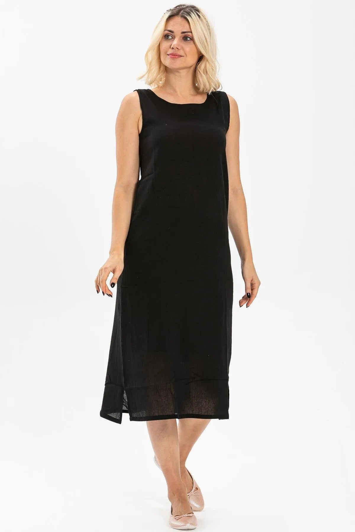 Cotton Slip Long Dress (Black) 3XLarge / Black