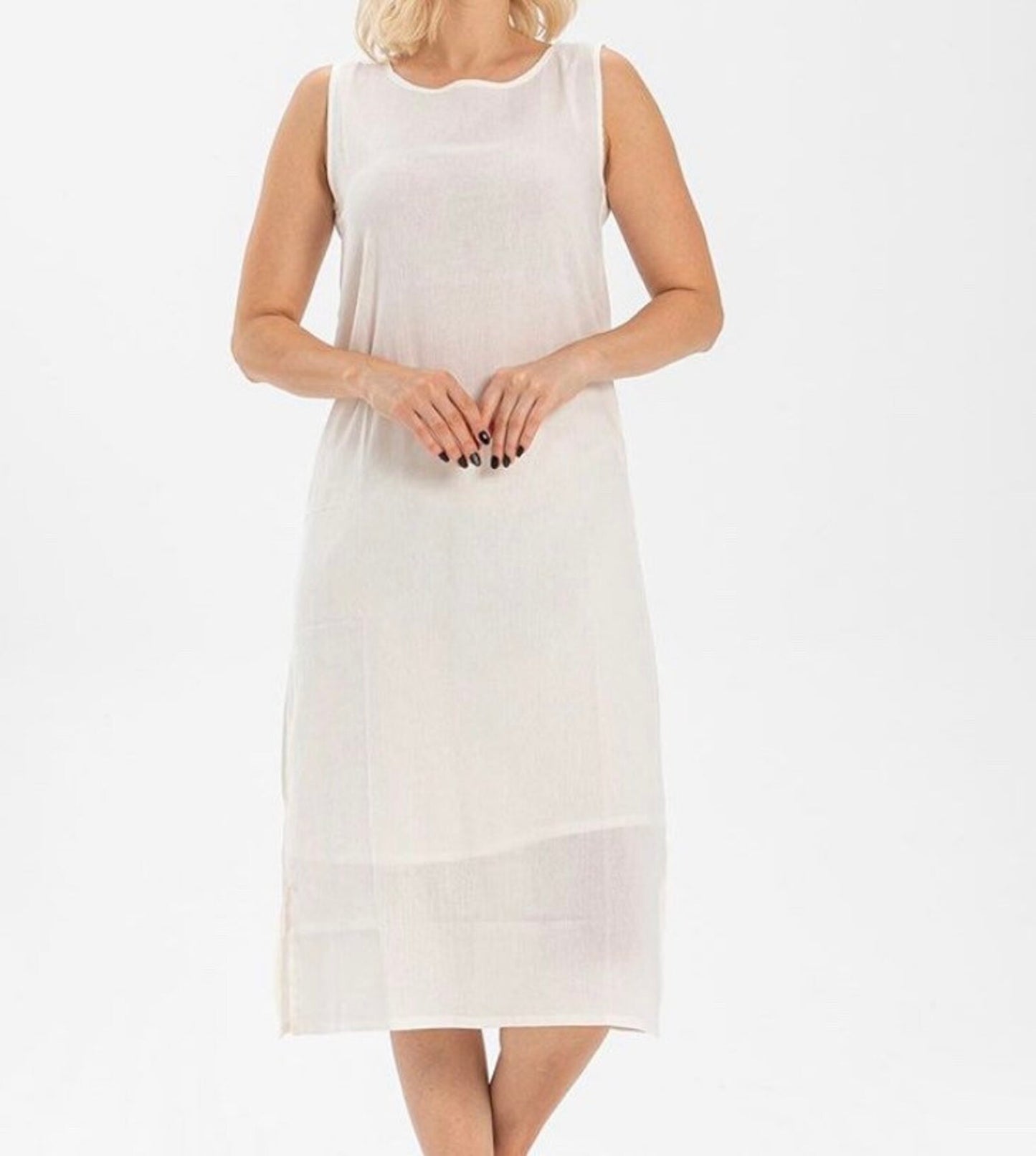 Cotton Slip Long Dress (White/Off White)
