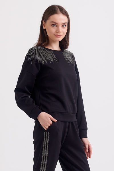 Black color Rhinestone Sweatshirt&Pant set