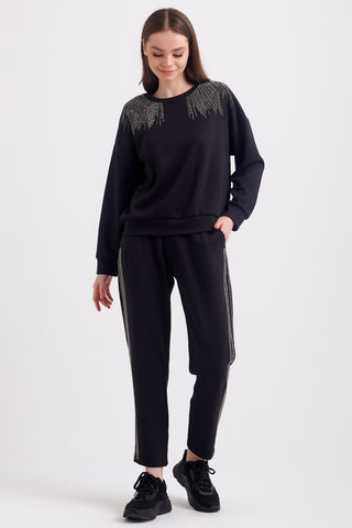 Black color Rhinestone Sweatshirt&Pant set