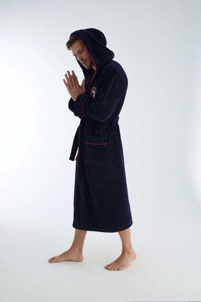 Dragon Luxurious Mens hooded bathrobe ,Navy Turkish Organic Cotton/bamboo Mens Bathrobe