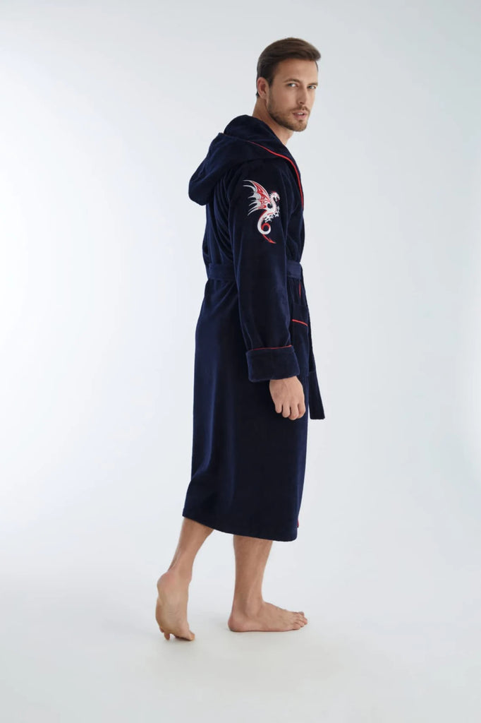Men's Terry Toweling Cotton Bathrobe Hooded Dressing Gown-Navy -