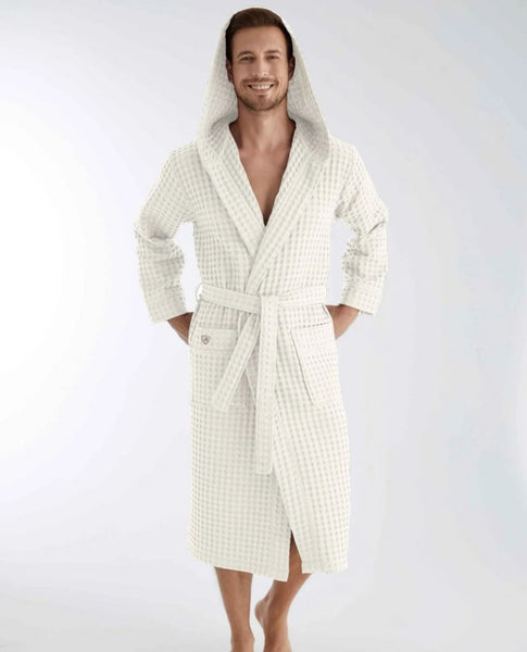 Luxurious Waffle bamboo hooded Bathrobe gray/ white mens Robe, lightweight Spa Robe