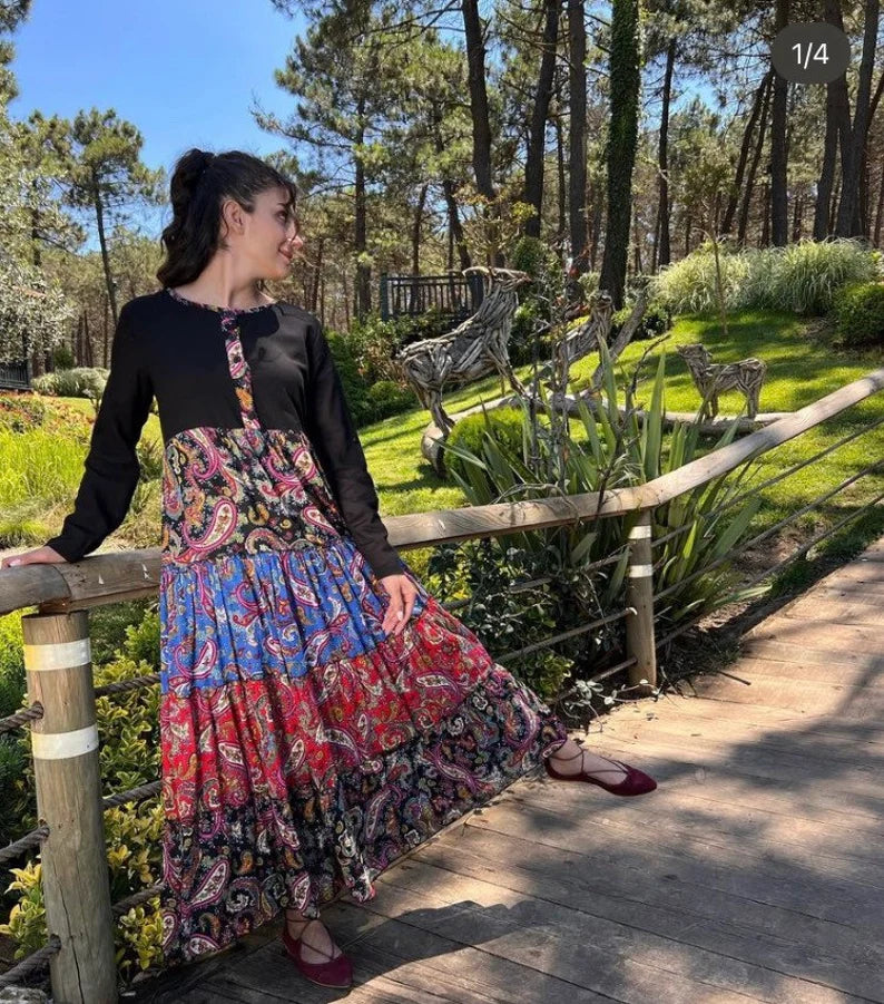 Zeynep Boho floral cotton dress, boho maxi Dress, Cotton Boho Summer Dress